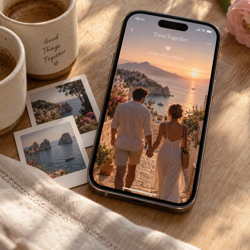 TimeTogether auf einem iPhone mit Paar-Erinnerungen und gedruckten Fotos