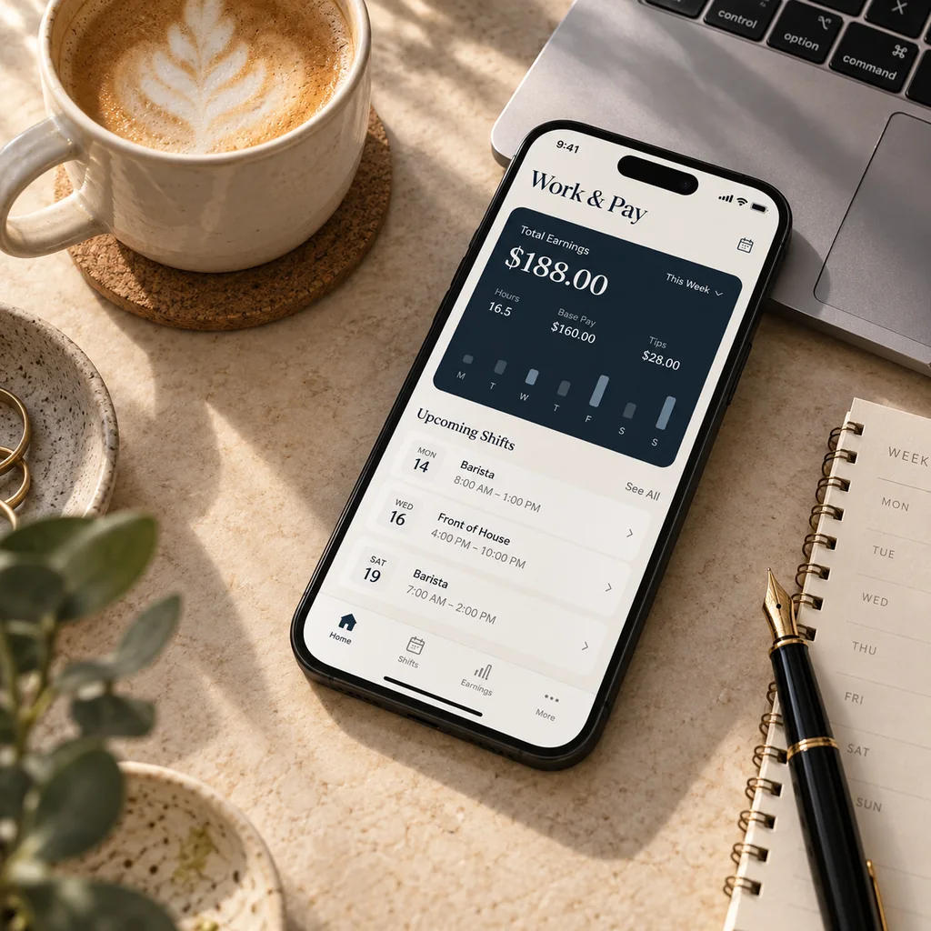 Work & Pay auf einem iPhone mit Verdienstübersicht neben Kaffee und Laptop